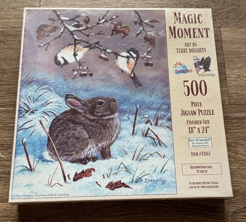 "Magic Moment" By Terry Doughty 500 Piece 18" X 24" Rabbit, Bird, Winter SEALED
